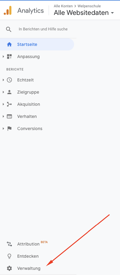 Öffnen der Verwaltung in Google Analytics