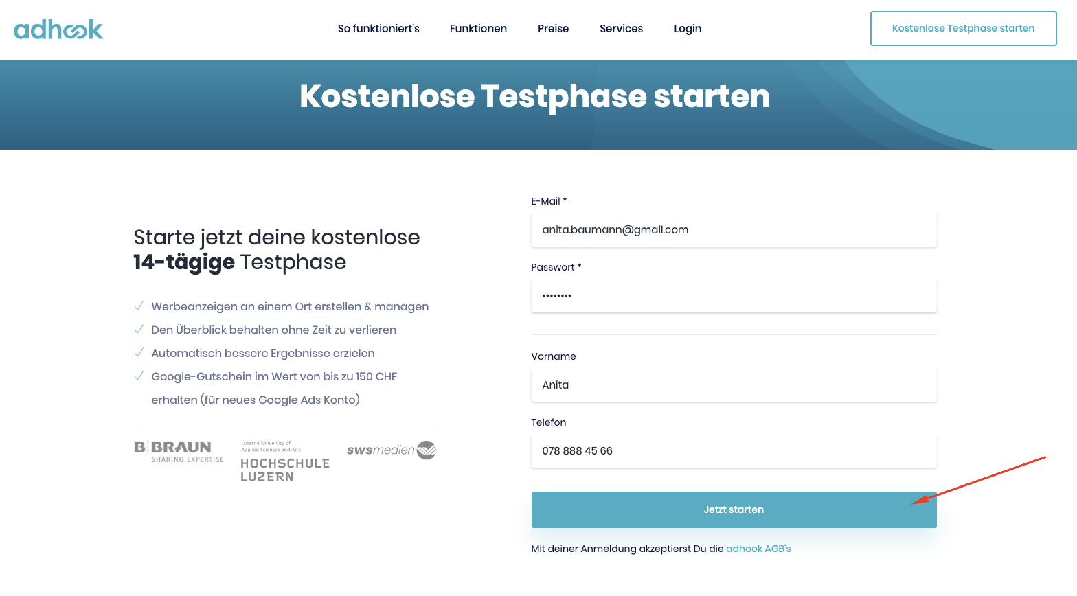 Formular für die Anmeldung der kostenlosen Testphase