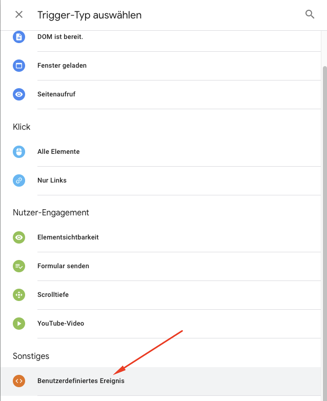 Benutzerdefiniertes Ereignis im Google Tag Manager auswählen