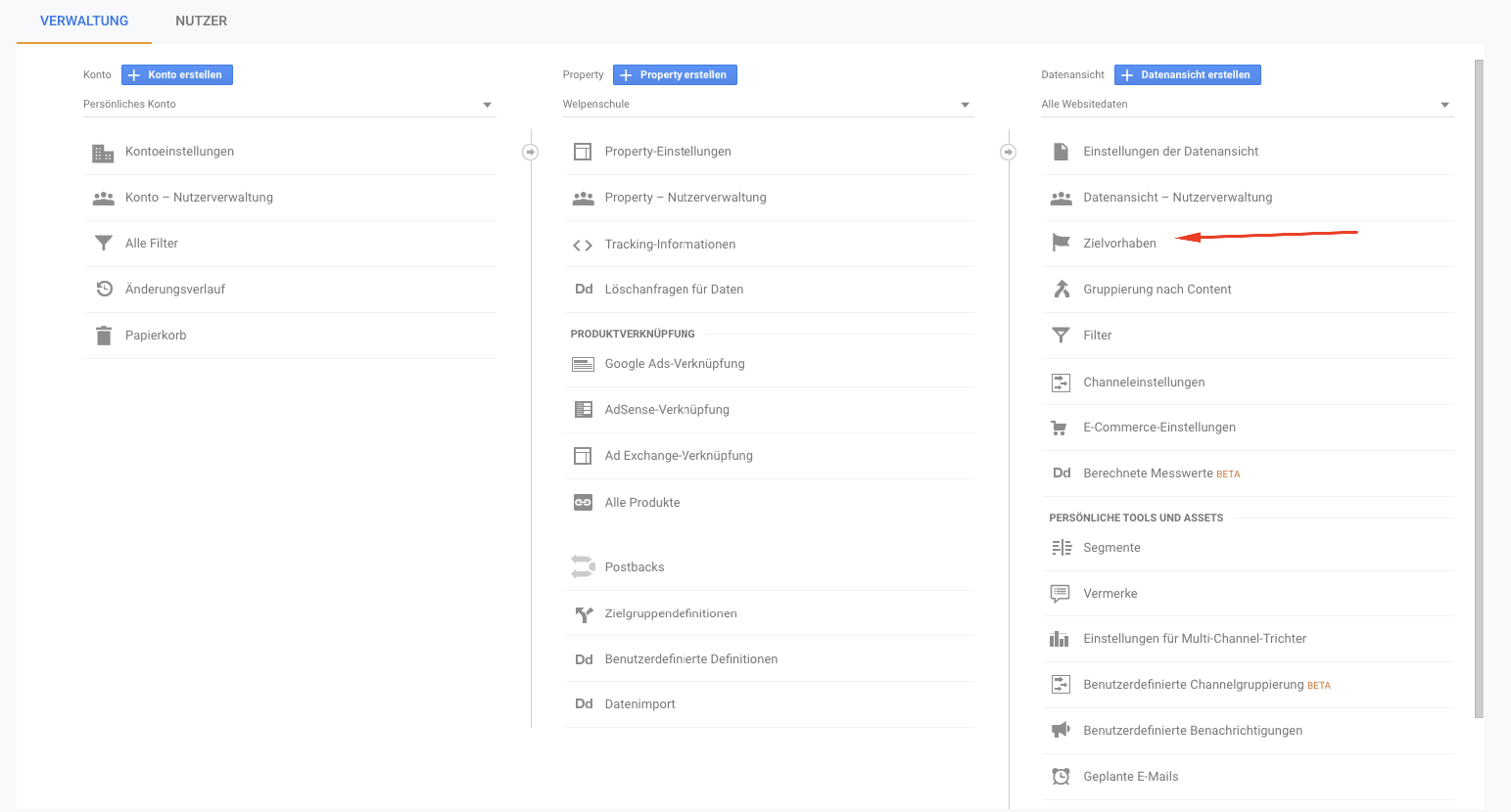 Die Erstellung von Zielvorhaben in Google Analytics auswählen