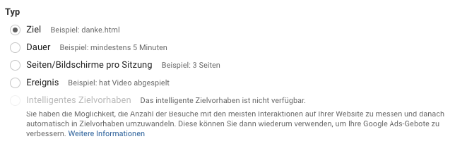 Typ der Zielvorhaben in Google Analytics