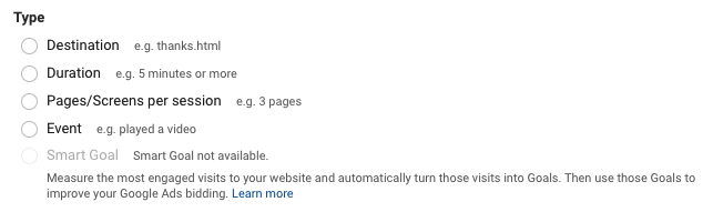 Goal types in Google Analytics