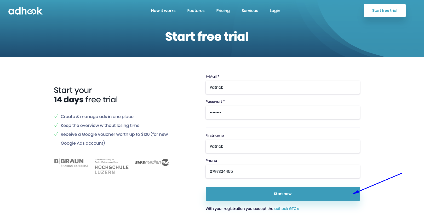 Registration form for the free trial