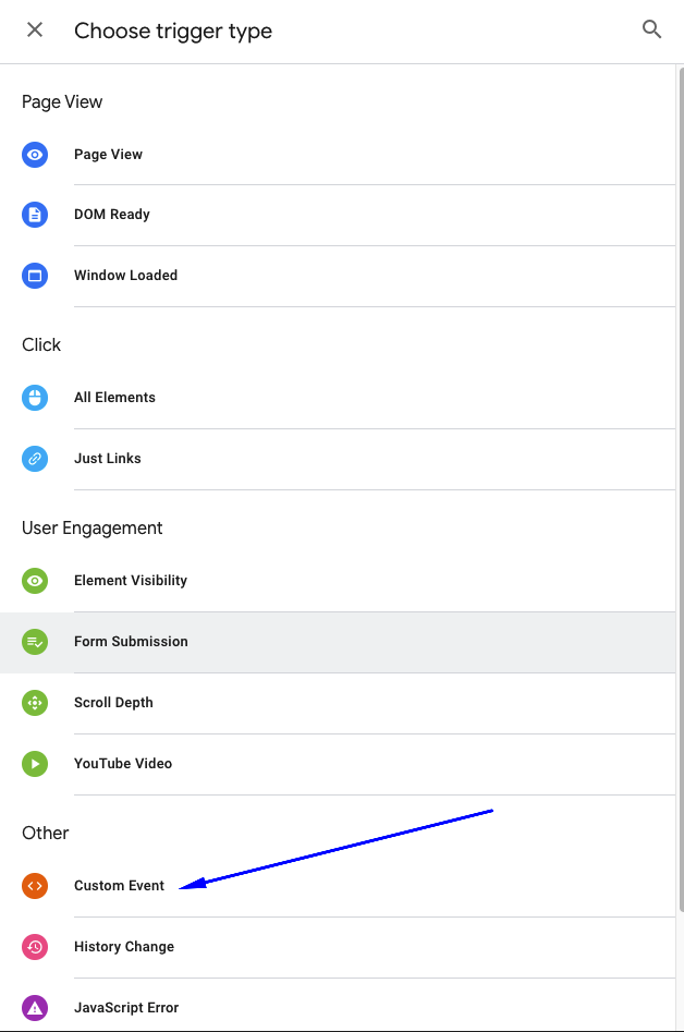Select custom event in Google Tag Manager